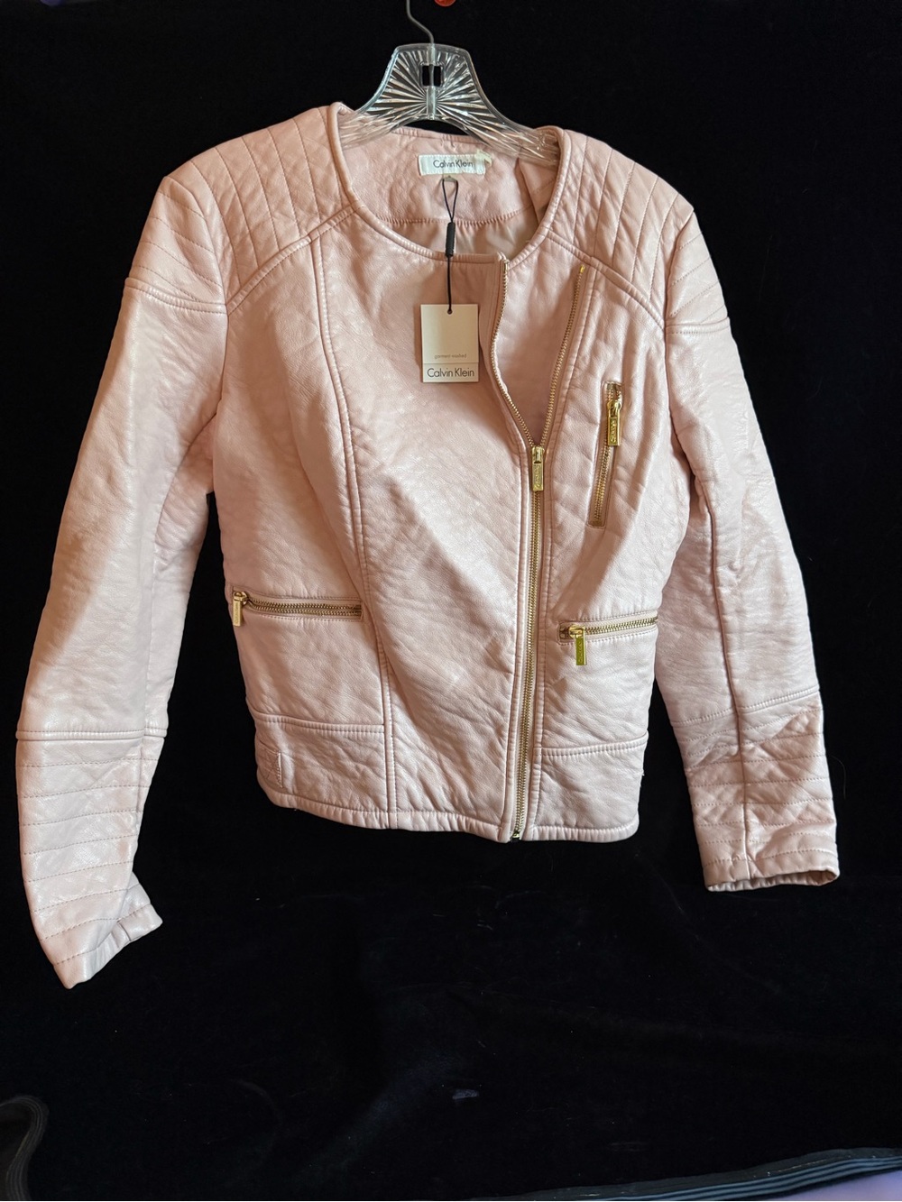 Calvin Klein Pale Pink Quilted Moto-Style vegan Leather Jacket